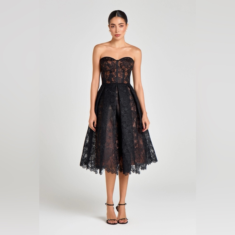 NADINE MERABI Olivia Black Strapless Lace Dress